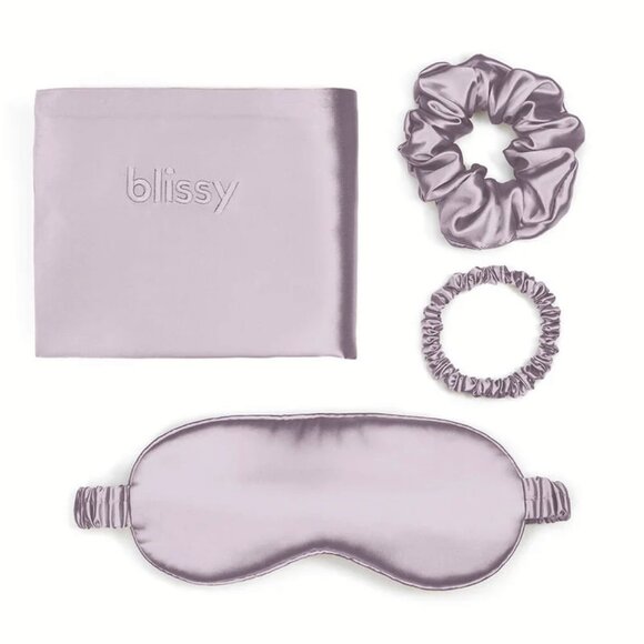 NEW Blissy Queen Silk Pillowcase, Eye Mask, Scrunchie Dream Gift Set- Lavender - Picture 7 of 8